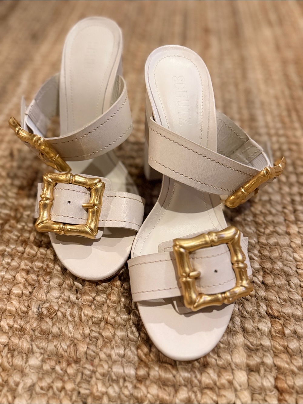 SCHUTZ Cream Heeled Sandals with Gold Buckles